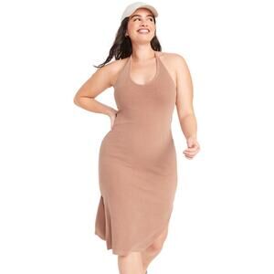 Old Navy Dress Womens 2X Tan Midi Ribbed Knit Halter Side Slit Stretchy Athletic
